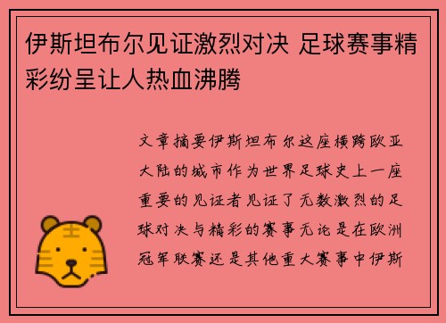 伊斯坦布尔见证激烈对决 足球赛事精彩纷呈让人热血沸腾