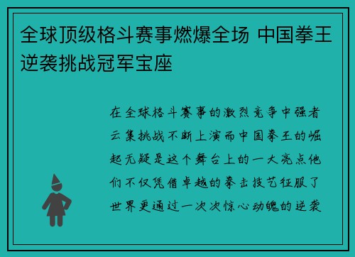 全球顶级格斗赛事燃爆全场 中国拳王逆袭挑战冠军宝座