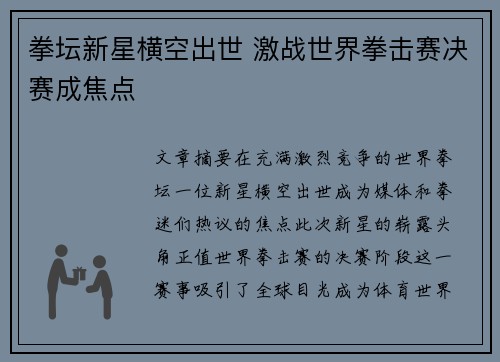 拳坛新星横空出世 激战世界拳击赛决赛成焦点