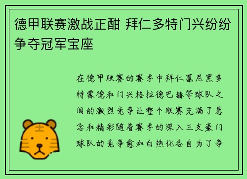 德甲联赛激战正酣 拜仁多特门兴纷纷争夺冠军宝座